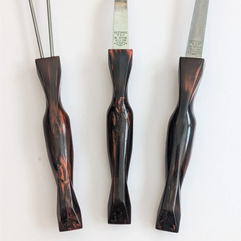 Vtg Cutco Brown Swirl Utensils Lot: Slotted Spoon 1713, Whisk 1714, Ladle 1715